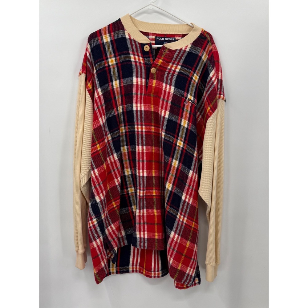 Polo Sport Ralph Lauren Plaid Henley Shirt Mens XL Beige Thermal Sleeve Rugby